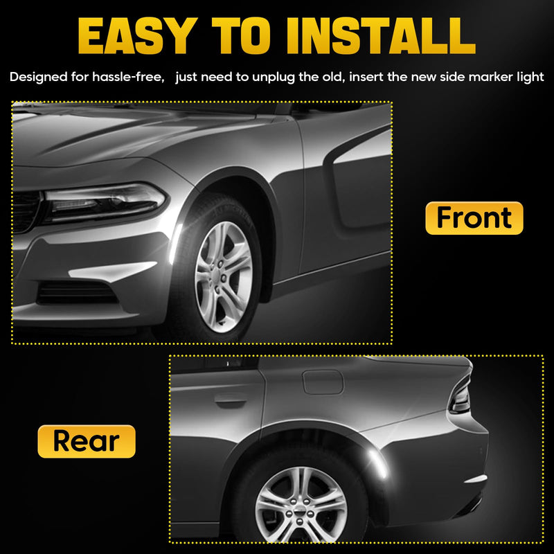  [AUSTRALIA] - White LED Side Marker Lights Compatible with Dodge Charger 2015-2023, Front & Rear Bumper Smoked Lens Reflector Lamps Replace# 68214405AA 68214404AA 68214127AA, 4PCS