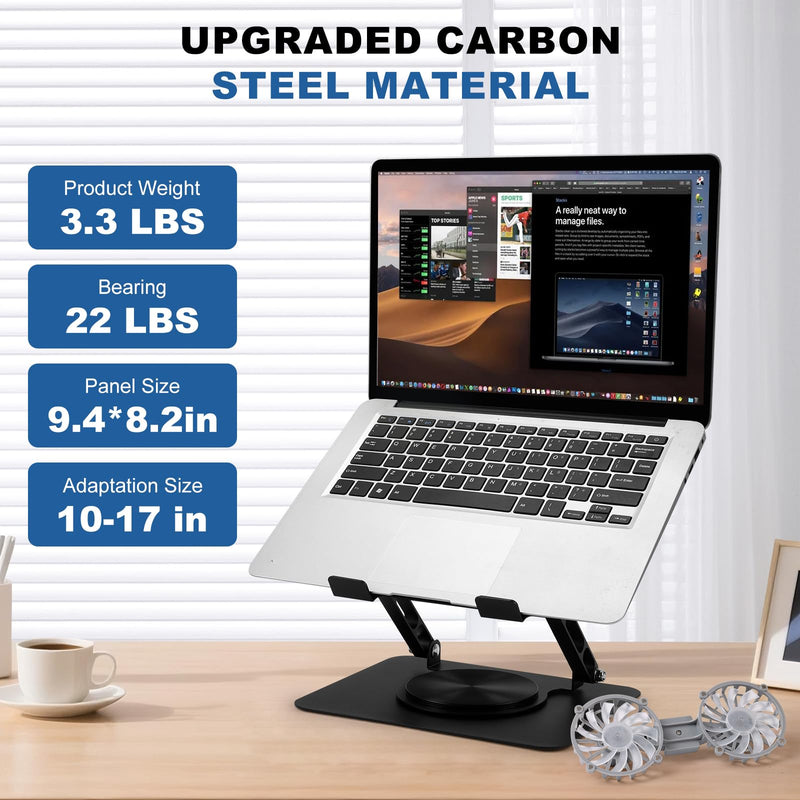 Laptop Cooling Stand with 2 Detachable Fans, 360° Rotating Adjustable Laptop Stand, Carbon Steel Ergonomic Laptop Riser, Anti-Slip Base for 10-17.3" Notebook MacBook, Office Home Gaming Black