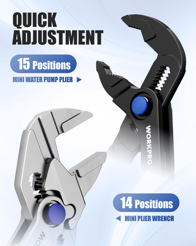 WORKPRO 2-Piece Mini Pliers Set with Pouch, 4-Inch Water Pump Plier & Plier Wrench, High-Toughness Alloy Steel Mini Groove Joint & Smooth Jaw Plier, EDC Pliers for Tight Spaces & Versatile Use