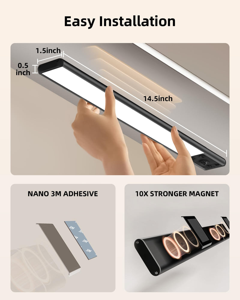EZVALO 14.5inch Under Cabinet Lighting, 3200mAh Rechargeable Motion Sensor Lights Indoor 3 Color Temps, Magnetic Stick On LED Closet Lights Wireless, Dimmable Under Counter Lights for Kitchen- 2 Pack 14.5 inch Black