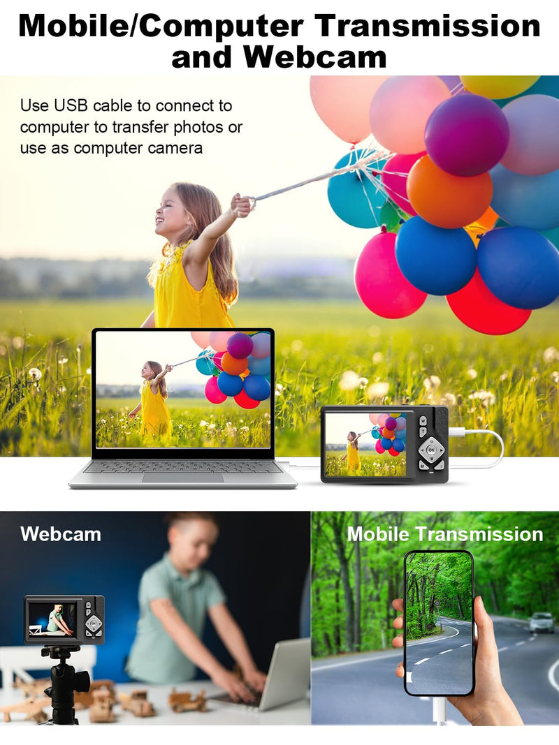 Digital Camera - 48MP, FHD 1080P, 18X Dig Zoom, Anti-Shake, 2.83" LCD, 32GB Card. Vlog Camera, Portable for Travel. Compact Point-and-Shoot for Kids, Teens, Students, Beginners (Black) Black