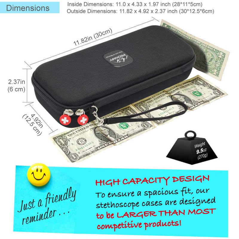 PROHAPI Hard Stethoscope Case, Large Stethoscope Carrying Case with ID Slot, Compatible with 3M Littmann/ADC/Omron/MDF Stethoscope Includes Mesh Pocket for Nurse Accessories (Black) Black
