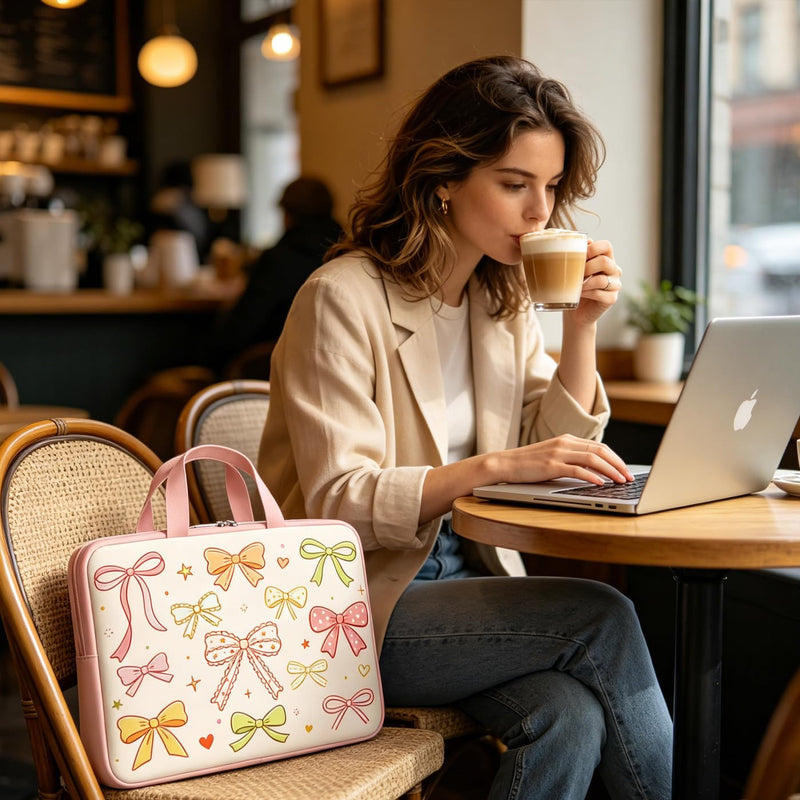 MAYJOYDIY Sweet Bowknot Laptop Sleeve 13-16in Star Heart Computer Cover | Lace Trimmed Bow, Star Heart Print, Shockproof Protective Padding, for Carry Computer Travel Commute, Universal Laptop Case