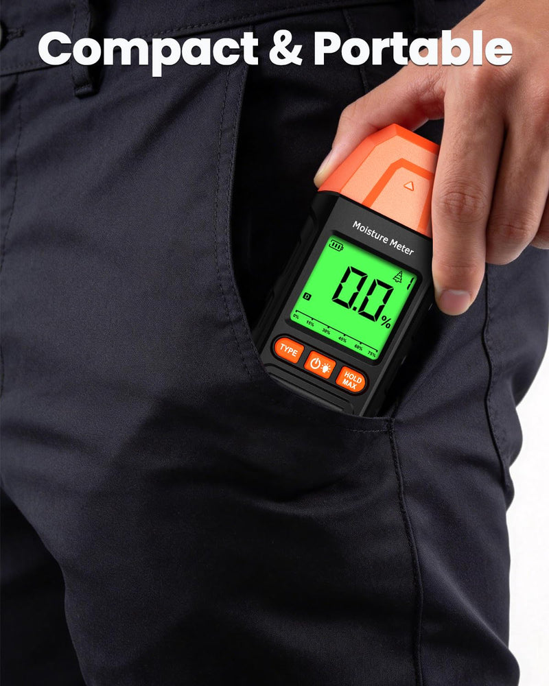 Pin-Type Wood Moisture Meter for Hardwood & Softwood | 7 Material Modes, Backlit LCD, Max/Min/Avg & Data Hold for Firewood, Lumber, Drywall & Selected Wall Materials