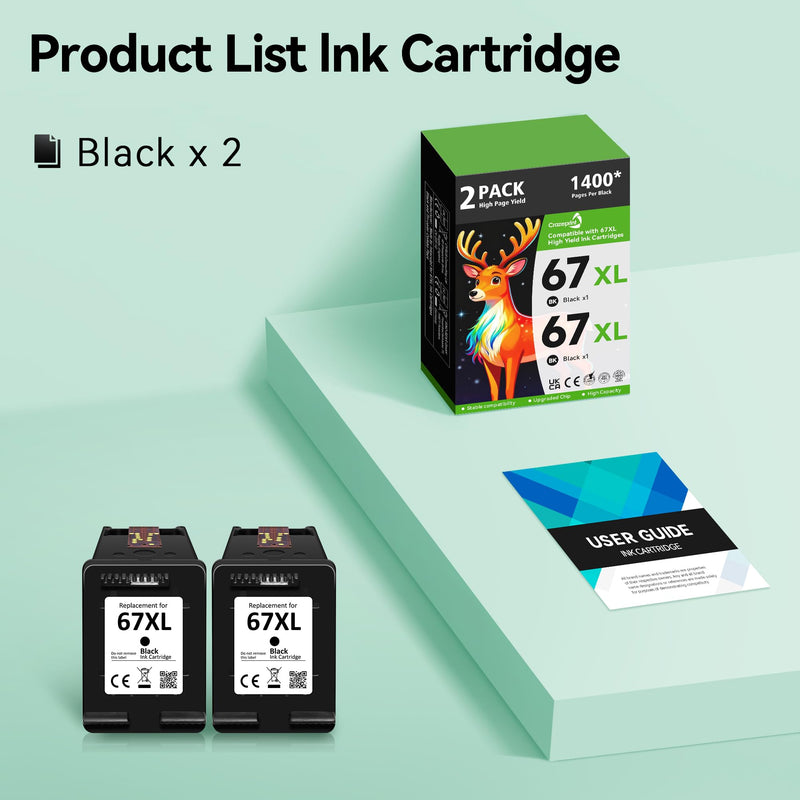 67XL Black Ink Cartridge Compatible for HP 67 Black Ink Cartridge Works with HP Deskjet 2855e 2800e 2700 2700e 2755 2755e 2852e 4255e 2827e 4100e 4155e Envy 6000 6055e 6455e Printer, 2 Pack