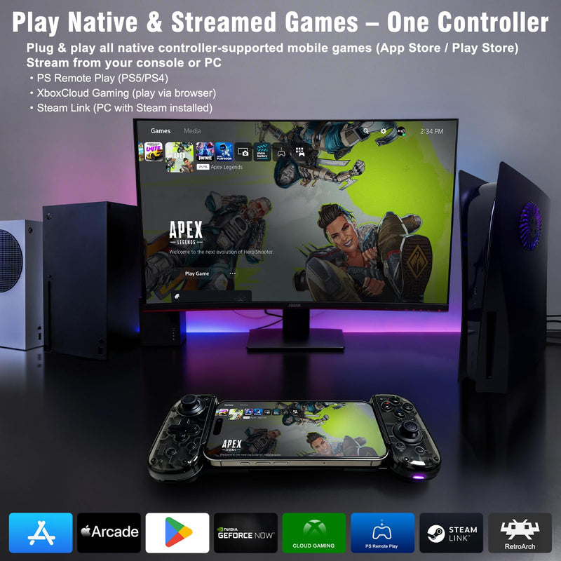 Joso Mobile Game Controller with USB-C Plug & Play, Wireless & Wired Gamepad for iPhone/Android & Switch with Hall Effect Joysticks/Dual Vibration/Turbo, Supports Cloud Gaming & Streaming (Black) Black