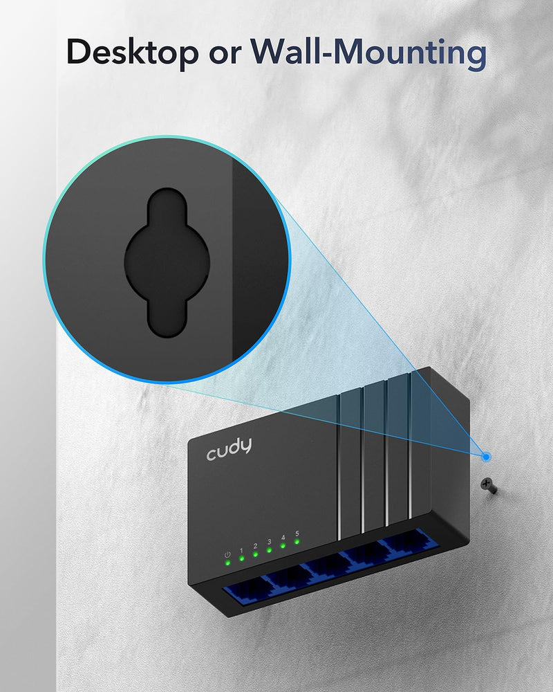 Cudy GS105D 5 Port Gigabit Ethernet Switch Desktop Ethernet Splitter Plastic Case Unshielded Switch Plug & Play Fanless Unmanaged