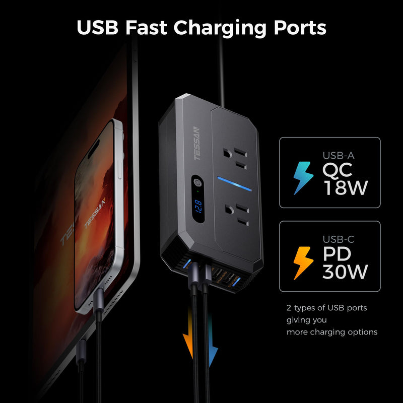 200W Car Power Inverter, TESSAN 12V DC to 110V AC Converter with 2 AC Outlets and 4 USB Ports, PD/QC 3.0 Fast Charging, Car-Essentials for Camping, Road Trip, Gray