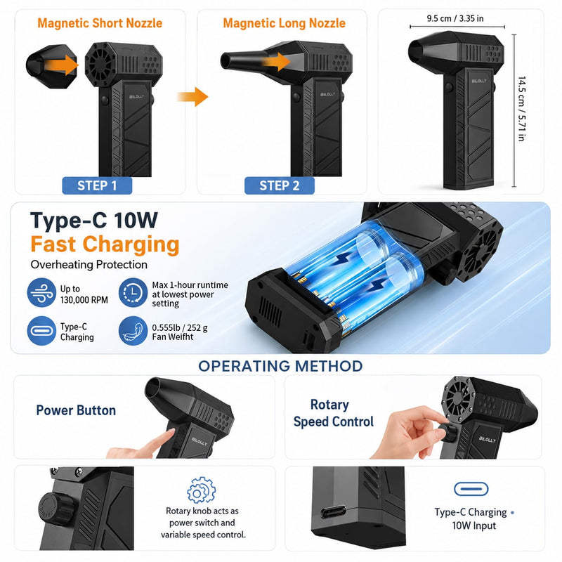 BiLOLLY Compressed Air Duster, 130,000 RPM Electric Air Duster Blower, Rechargeable Turbo Fan with Stepless Speed Control, Portable Mini Jet Blower for Computer, Keyboard, Car, Home and Outdoor Black