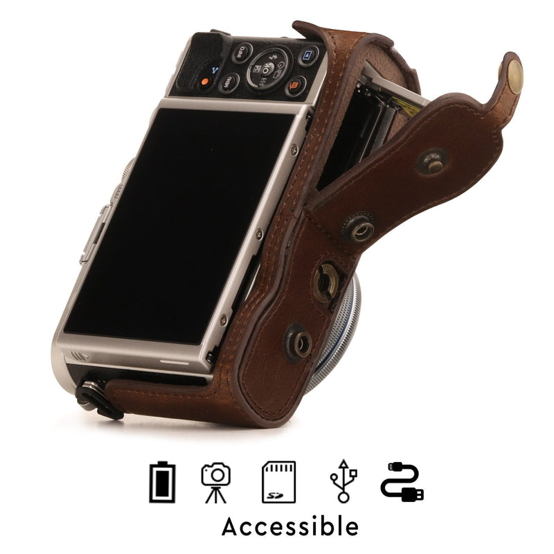 MegaGear Ever Ready Leather Camera Case Compatible with Olympus Pen E-PL10, E-PL9 (14-42mm) One Size Dark Brown