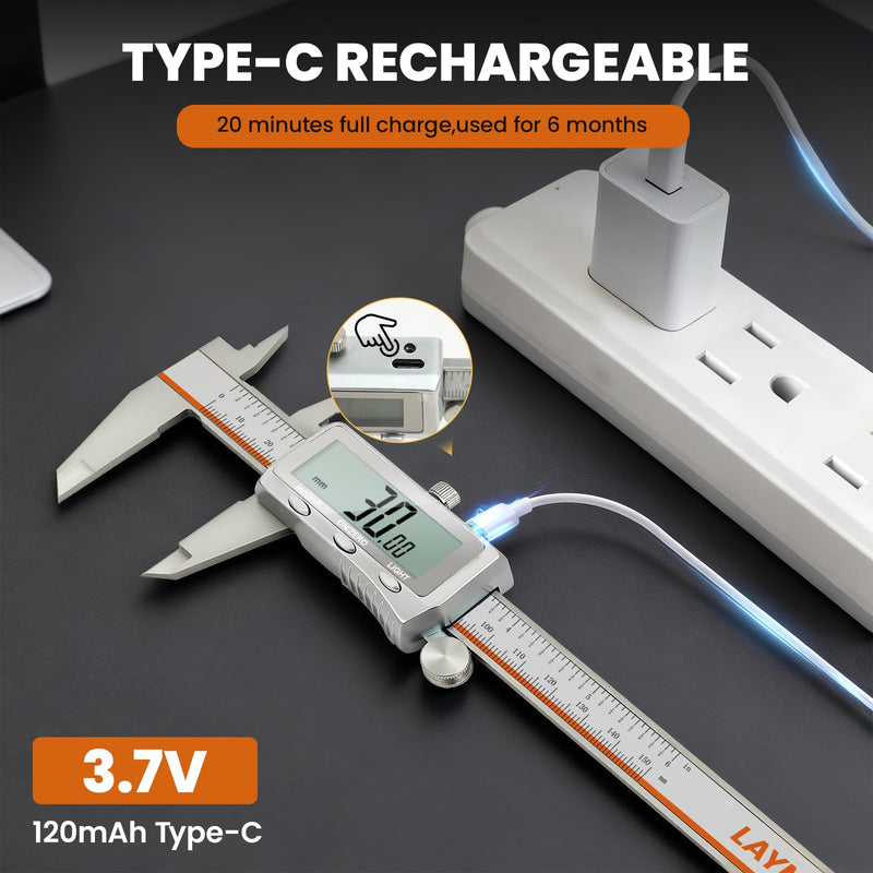 Digital Caliper, Rechargeable Digital Calipers with Backlight LCD & Auto-Off, Stainless Steel Measuring Tool, Inch/MM/Fraction Conversion for 3D Printing DIY Woodworking 6 Inch