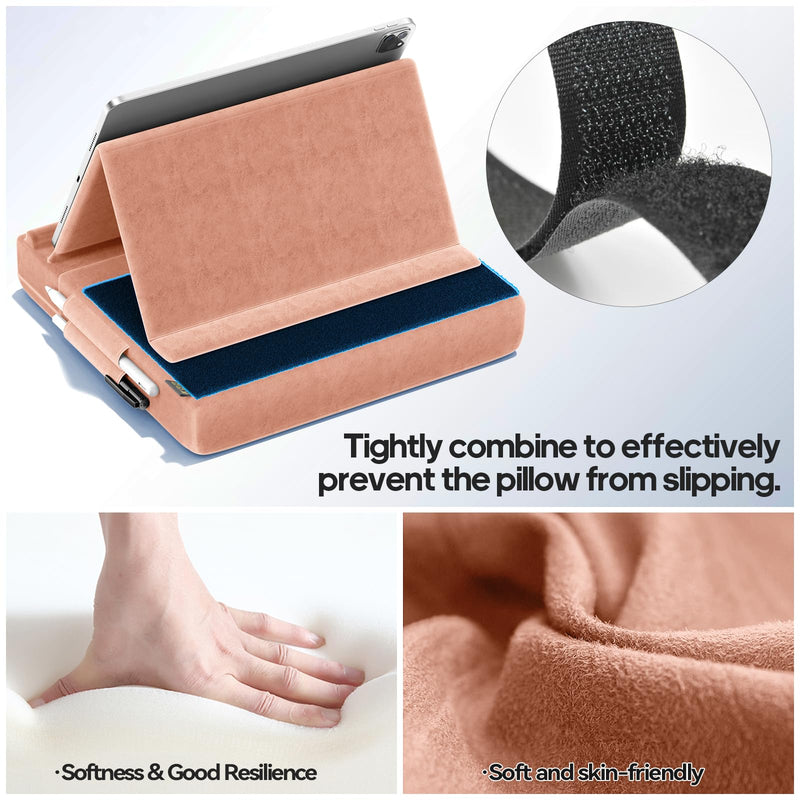 KDD Tablet Pillow Stand, Multi-Angle Viewing Ipad Holder for Lap, Bed and Desk, Foldable Soft Pad Dock with Stylus Mount Compatible with Ipad Pro 12.9, 10.5, 11, Air, Mini, Phones, Books, E-Reader Peach Fuzz