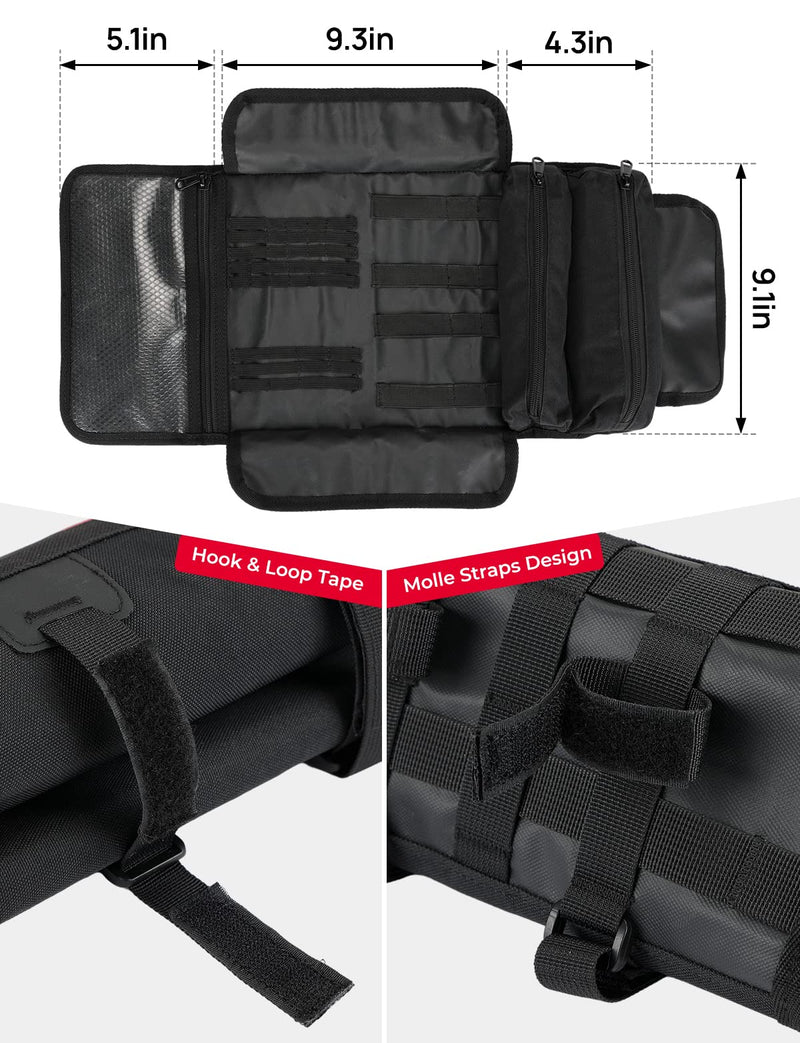 KEMIMOTO Motorcycle Tool Bag - Handlebar Kit Roll Up Organizer With Elastic Loops Pockets - Sturdy Pouch for Softail Dyna Sportster - Tools Not Included Nylon