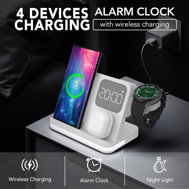 4 in 1 Wireless Charger with Alarm Clock Compatible for Galaxy Watch 8/7/Ultra/FE/6 Pro Galaxy S26 Pro/Ultra/S25+/S24/S23/Note 20/Z Flip 7/6/5 Fold Galaxy Buds4/2/Pro Multiple Devices Charging Station white