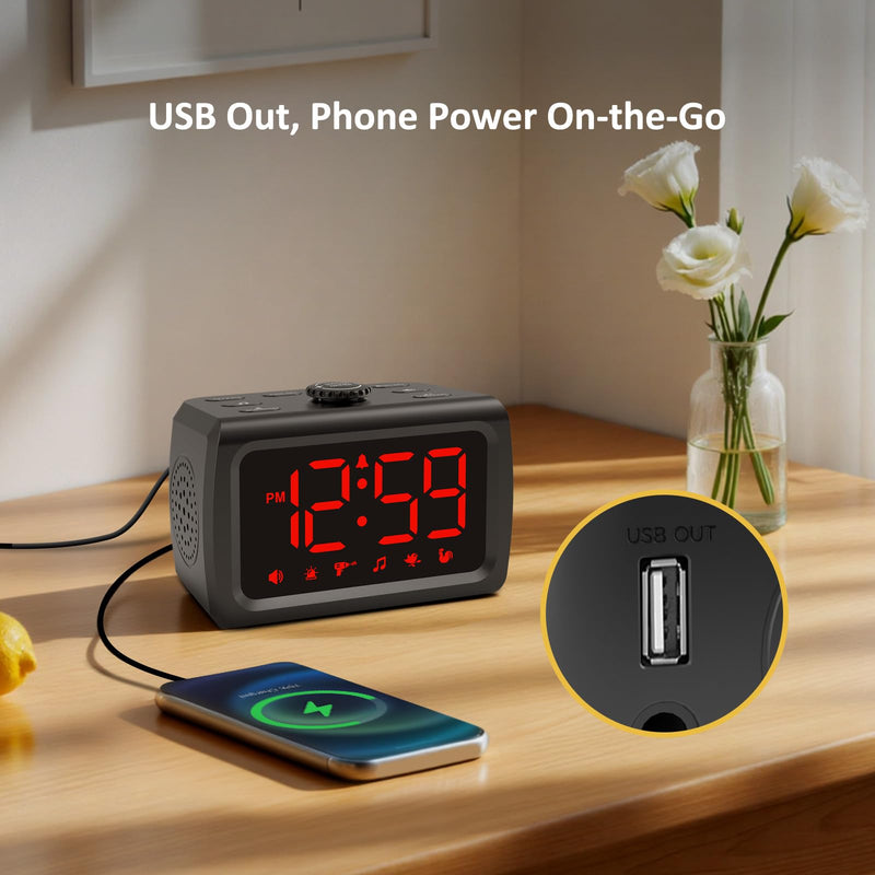 Peakeep 115dB Super Loud Alarm Clock for Heavy Sleepers, 5-30 Min Alarm/Snooze Duration, Auto/Manual Dimmer, 6 Wake-up Sounds, Plug in Electric Digital Bedroom Clock with USB Charger, Battery Backup Red Digits (Plug-in)