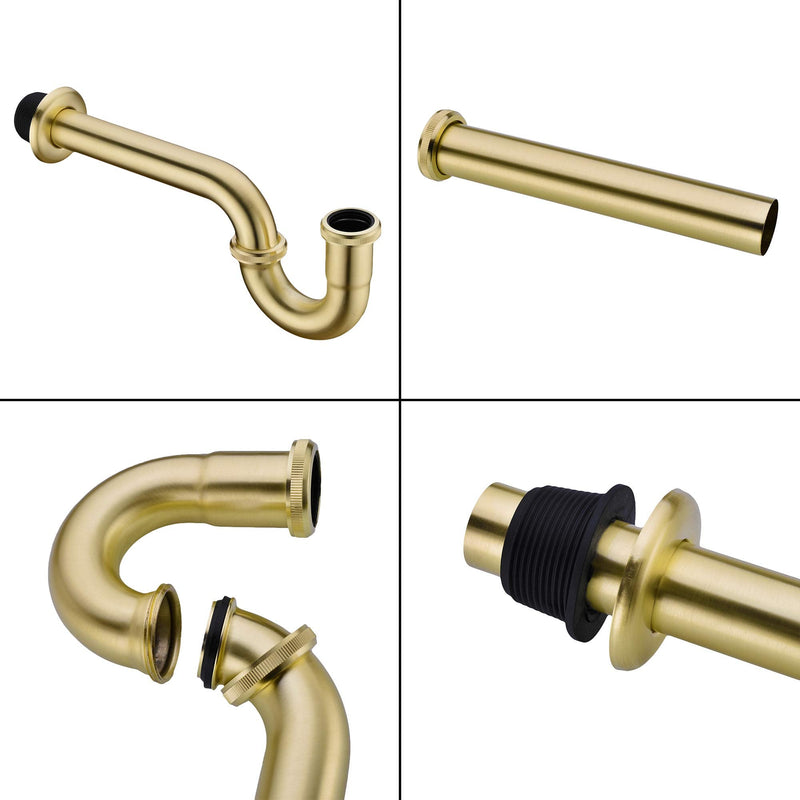 Brass P Trap, 1 1/4 Bathroom Basin Sink Waste Trap Drain Kit with Flange and Slip Joint Extension Tube Drain Tailpiece, Adjustable Height, Brushed Gold Brass Finish