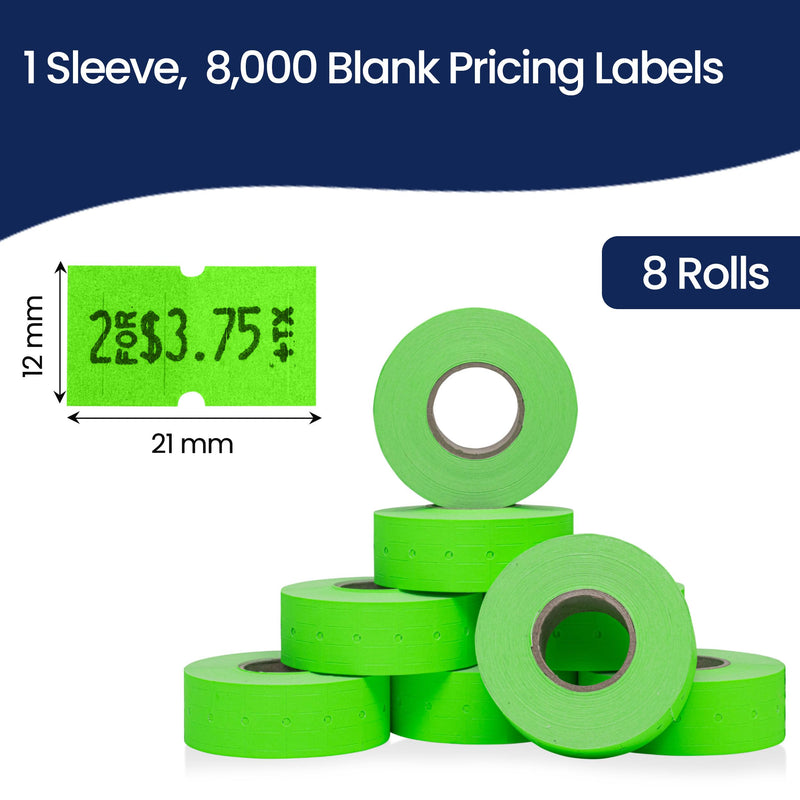 Perco 1 Line Fluorescent Green Labels - 8 Rolls, 1 Sleeve, 8,000 Blank Price and Date Gun Labels for Perco Lite, X, Plus and Pro 1 Line Price and Date Guns - Made in USA