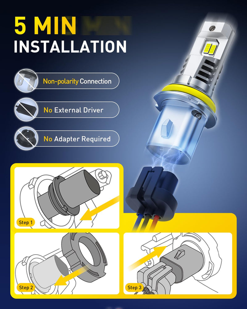 AUXITO 9007 LED Bulbs Combo, 40,000LM Super Brighter, 1:1 Halogen Mini Size, 6500K White HB5 Driving Light Bulbs, Plug and Play,Pack of 2 9007/HB5