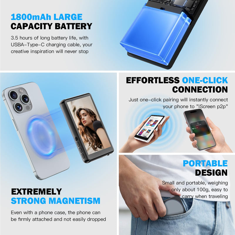 Back Camera Monitor iPhone,Newest Magnetic Phone Vlog Selfie Monitor Screen for Content Creator,Influencer and TikTok,Live Streaming,Compatible with iPhone & Android, Black