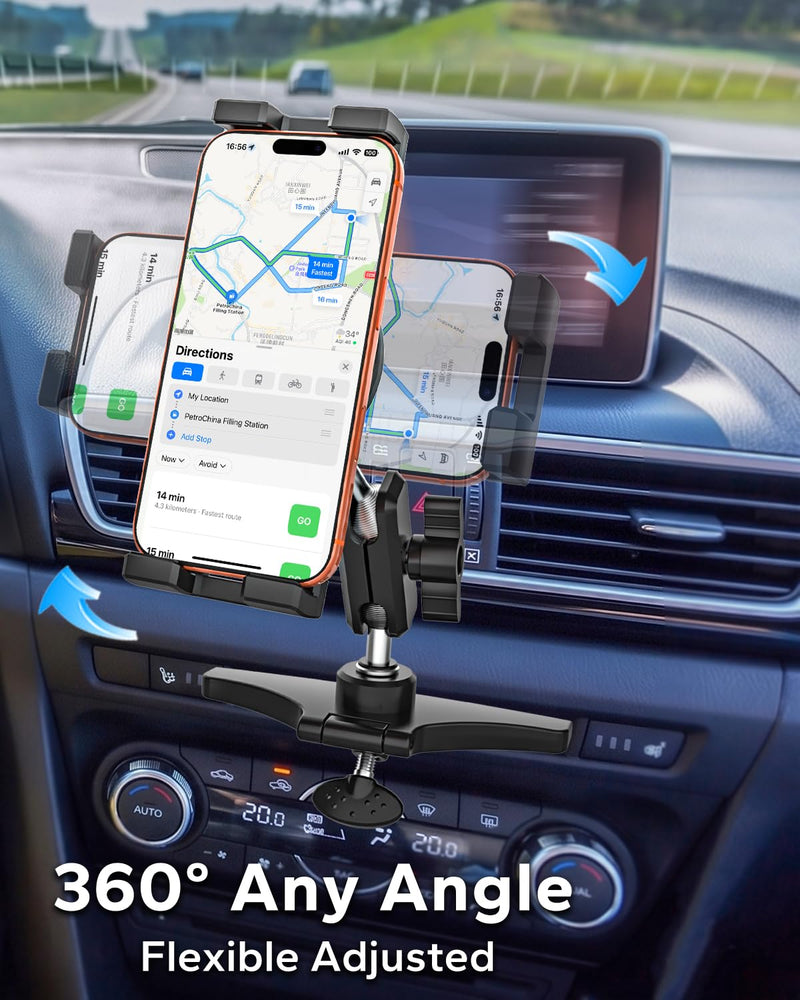 GDZN Car CD Slot Tablet Mount for 4.7"-13" iPad & Phone, Sturdy Metal Arm | Ultra Durable Anti-Shake CD Player Holder, Safe Unobstructed View, 360° Rotation Universal Cradle with Soft Silicone Pads