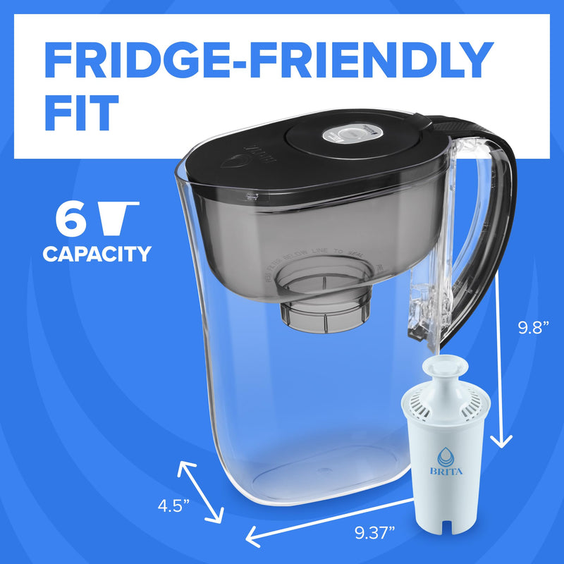 Brita Small 6-Cup Water Filter Pitcher with BritaPlus Filter, WQA NSF/ANSI Certified, Reduces 2X Contaminants vs. Standard, Removes Chlorine Taste & Odor, Reduces Zinc Copper Mercury, Stone Blue Plus