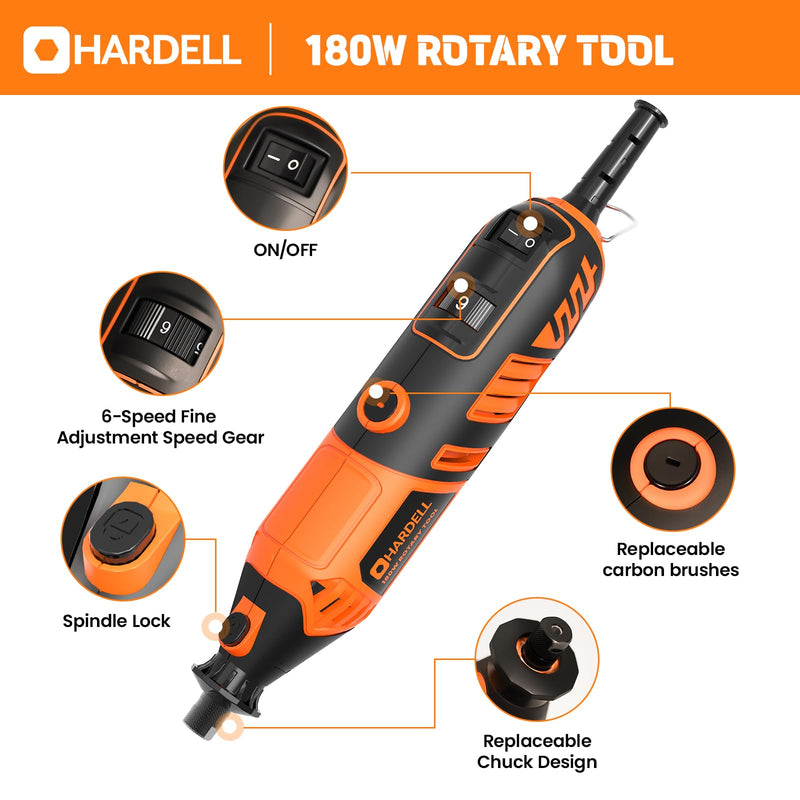 HARDELL 180W Corded Rotary Tool Kit, 8000-35000 RPM 61 Accessories for DIY | Powerful 180W Rotary Tool Kit for Cutting, Sanding, Grinding, Polishing, Engraving & Drilling Orange