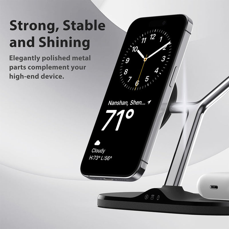 3-in-1 Wireless Charging Station with MagSafe - 5W Fast Charging for Apple Watch, Compact Foldable Charger Stand for iPhone 12-15 Series & AirPods, Smart Indicator, Power Adapter Included Black Included adapter