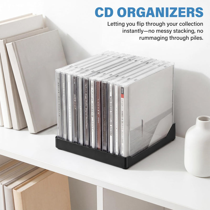 Black CD Holder, DVD/CD Display Rack & CD Storage Box & Vinyl Record Storage Stand Holds up to 12 Standard CD Cases for Media Shelf Storage and Organization