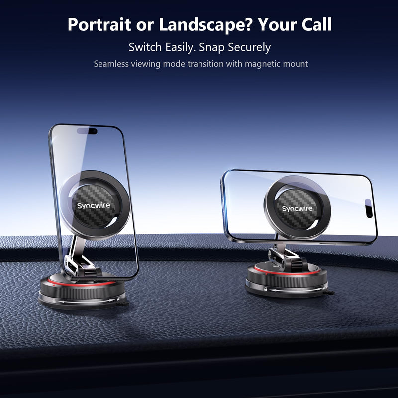 SYNCWIRE for MagSafe Car Mount [3-Axis Design] Strong Suction Cup Magnetic Phone Holder, 360° Rotation, Compatible with iPhone 17 Pro Max 16 15 14 13 12, Samsung, Carbon Fiber Head, Gloss Black Arm 3-Axis | Carbon Fiber