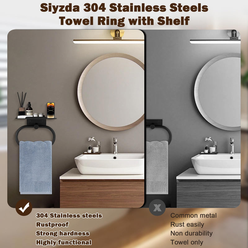 Hand Towel Ring with Shelf, Stainless Steel Hand Towel Holder, Heavy Duty Bath Accessories, Wall Mounted Towel Hanger for Bathroom Kitchen (Matte Black) Matte Black