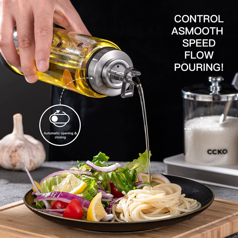 Glass Olive Oil Dispenser Bottle Shatterproof and Leakproof with Stainless Steel Spouts High Temperature Resistant 17oz Cooking Oil and Vinegar Cruet Dispenser 17 Ounces 500ml Sand Steel Color