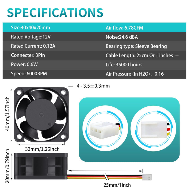 Wathai 40mm x 20mm 3pin Computer Case Fan 12V High Speed Replacement for DIY CPU Cooler, Routers, Switches, NAS,DVRs Cooling 2 Pack 12V Sleeve 3pin