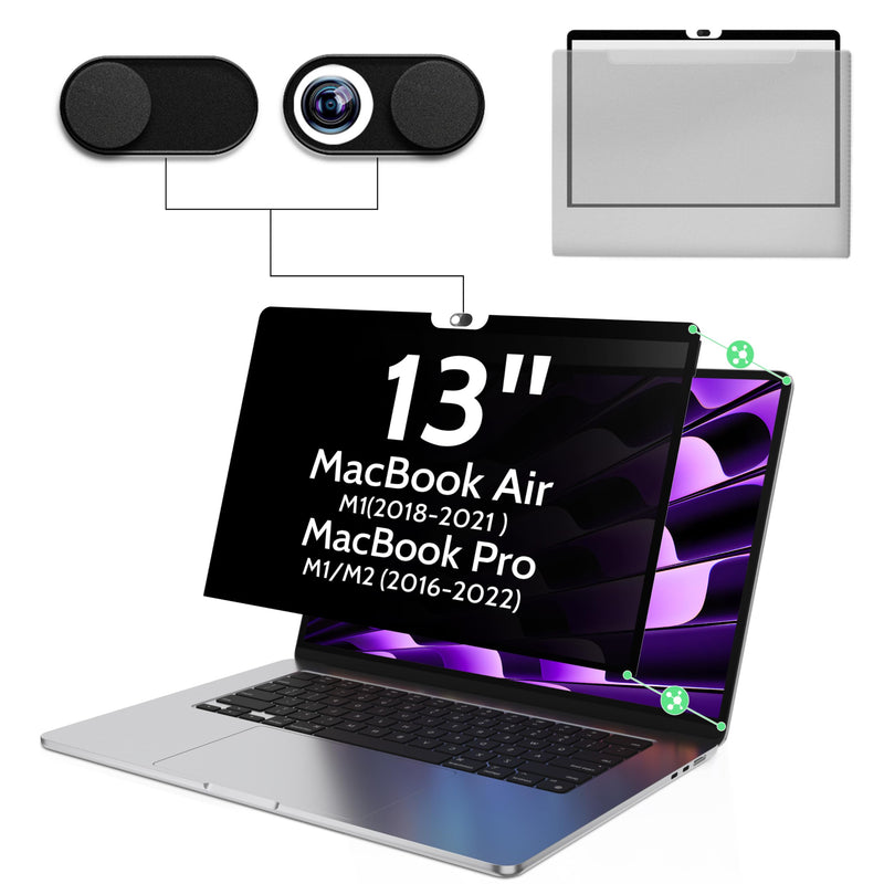 Privacy Screen for MacBook Air 13 Inch M1(2018-2021)& Mac Pro 13In M1/M2(2016-2022),Anti Blue Light Glare Filter Removable Computer Protector,Bubble-Free Monitor Shield Black Laptop Film With Camera Cover