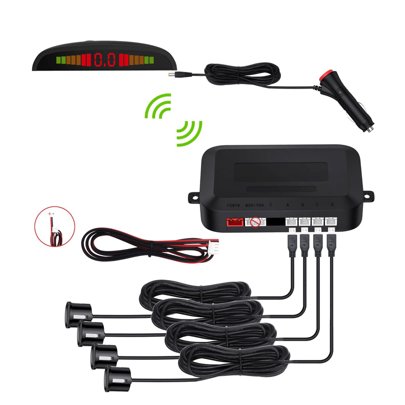EKYLIN Cordless Parking Sensor, Reverse Sensor System with 4 Car Backup Sensors, LED Distance Display with Sound Warning + 4 Black Parking Sensors for Cars, Vans, RVs, and Trailers