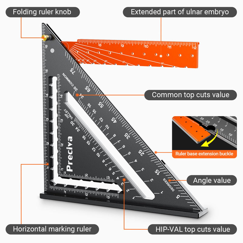 Preciva Foldable Carpenter Square Ruler, 12" (1/16" Scale) Aluminum Alloy Rafter Square Multi-Purpose Carpenter Tool Measuring Layout Tool for Woodworking and Carpentry, Includes Pencil