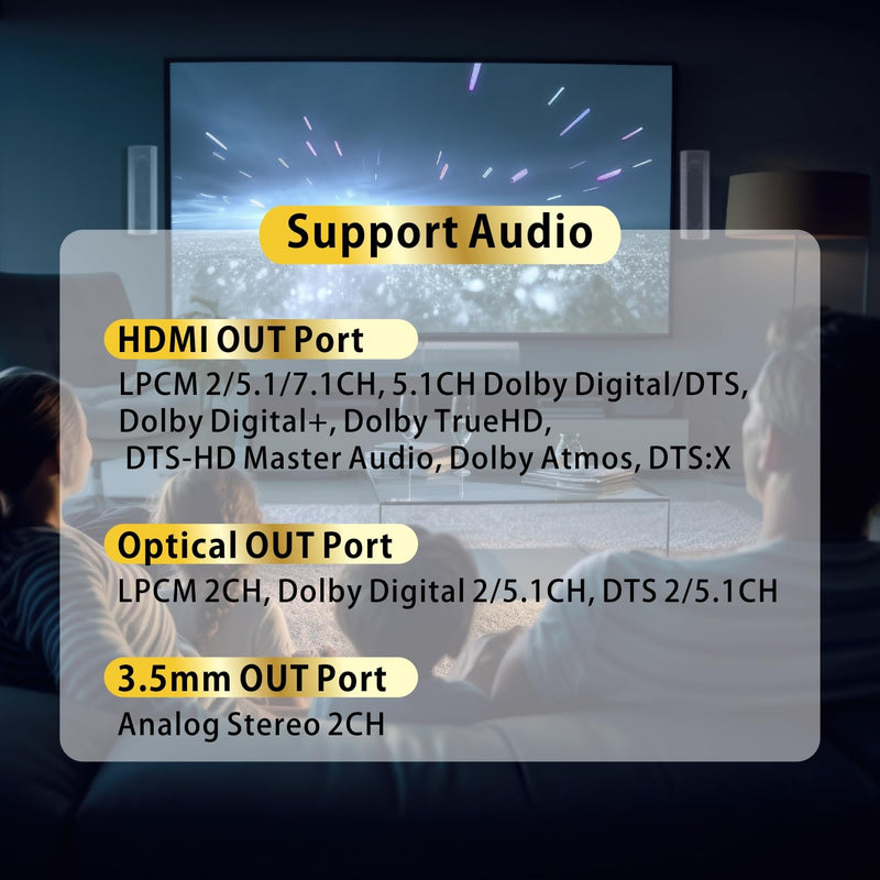HDMI 2.0 Audio Extractor 4K60Hz HDMI to Optical + 3.5mm Analog Audio Splitter Support Dolby Vision, Dolby Atmos, HDR10, HDCP 2.2, CEC 4K60Hz w/o ARC