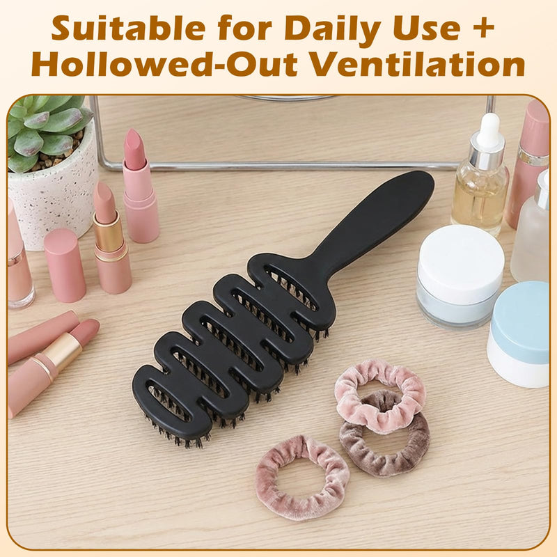 Bristle Hair Brush, Slick Back Styling Brush with 10° Concave Design, 5-Hole Hot Air Flow for Quick Drying, Detangling & Anti-Frizz, Scalp Massage Hairbrush Suitable for All Hair Types Black