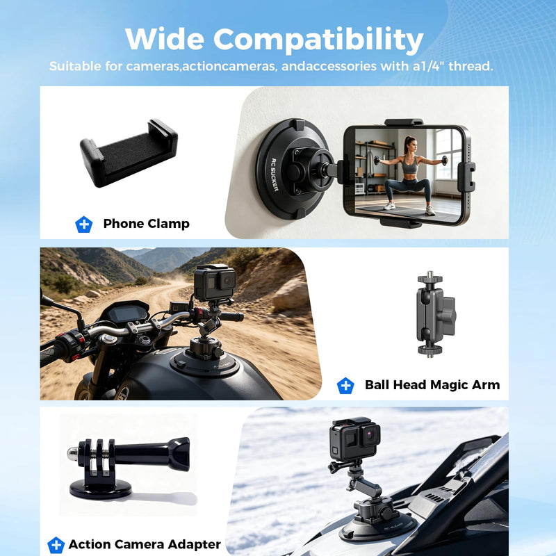 4.5 Inch Vacuum Suction Cup Camera Mount, Car Windshield Holder with Ball Head Magic Arm, 1/4" Thread for Mirrorless, Action Cam & Phone – on Car Windshield, Glass, Tile, Roof 4.5"