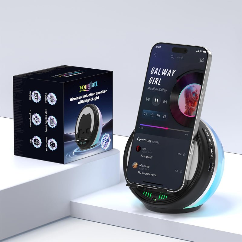 Wireless Induction Speaker with Phone Stand, RGB Bluetooth Desk Speaker | No Bluetooth Pairing, Instant Sound Boost, Great for calls, podcasts, and videos, Unique Gift for Men, Dad, Mom, Office