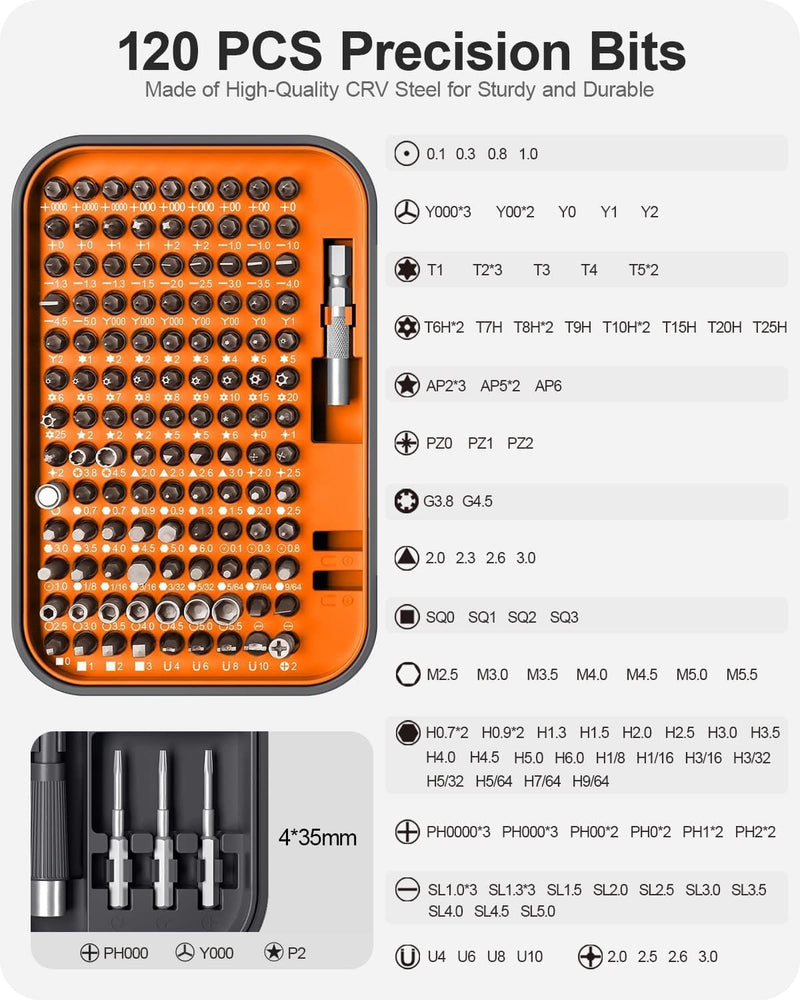 Precision Screwdriver Set, 130 in 1 with 120 bits Repair Tool Kit, Magnetic Screwdriver Set with mini built-in box for Electronics iPhone Jewelers Game Console (130-IN-Orange) 130-IN-Orange