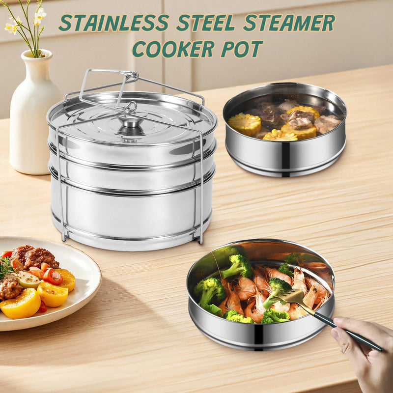 Stackable Stainless Steel Pot Inserts, 6QT 2-Tier Steamer Inserts Set with Handles for Instant Pot & Pressure Cookers, Multi-Use Cookware for Pot-in-Pot Cooking, Steaming, Serving (3-Tier, Unequal) 3-Tier, Unequal