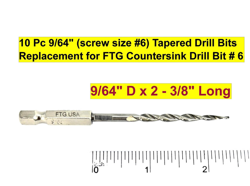 FTG USA 10 Pc #6 (9/64") Parabolic Flute Tapered Replacement Drill Bits, Case Same Sort 10 Pc