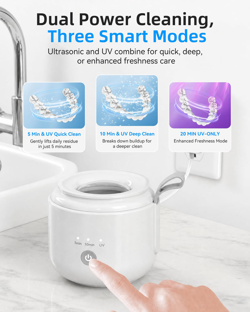 KUNPHY Portable Retainer Cleaner, Plug-in Ultrasonic Cleaning Machine for Home & Travel | 48kHz Ultrasound, Dual Modes & 20min U-V, One-Click, 125ml Tank for Mouthguard & Aligners 4.3oz