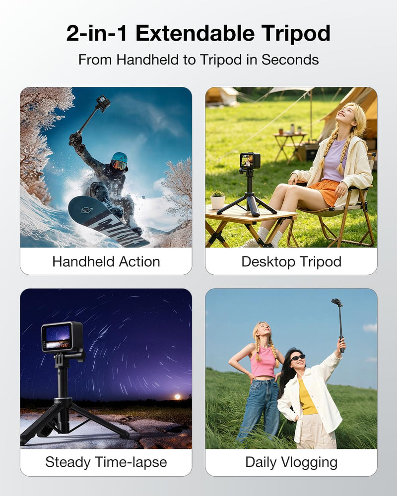 Llano 16" Action Camera Tripod for Gopro Hero 13/12/11/10/9/8, Max 2/1, Extendable Mini Tripod, Standard Mount for Gopro, Portable Handle Grip, Small Selfie Stick, Lightweight, Black For Gopro Hero 8-13,Max