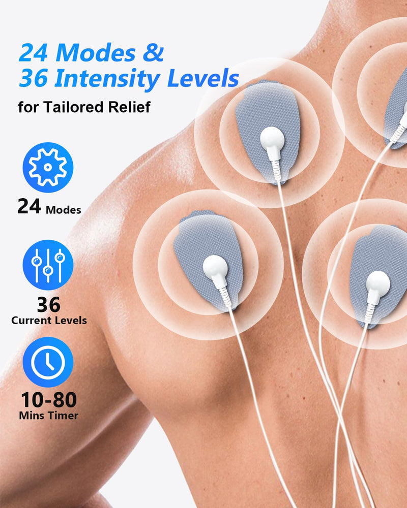 [AUSTRALIA] - TENS Unit Muscle Stimulator for Pain Relief Therapy–Dual Channel 24 Modes TENS Machine&EMS Muscle Stimulator,Upgraded Large Screen Portable Muscle Stimulator for Back,Shoulder,& Neck Pain with 10 Pads One out of Two Light Gray