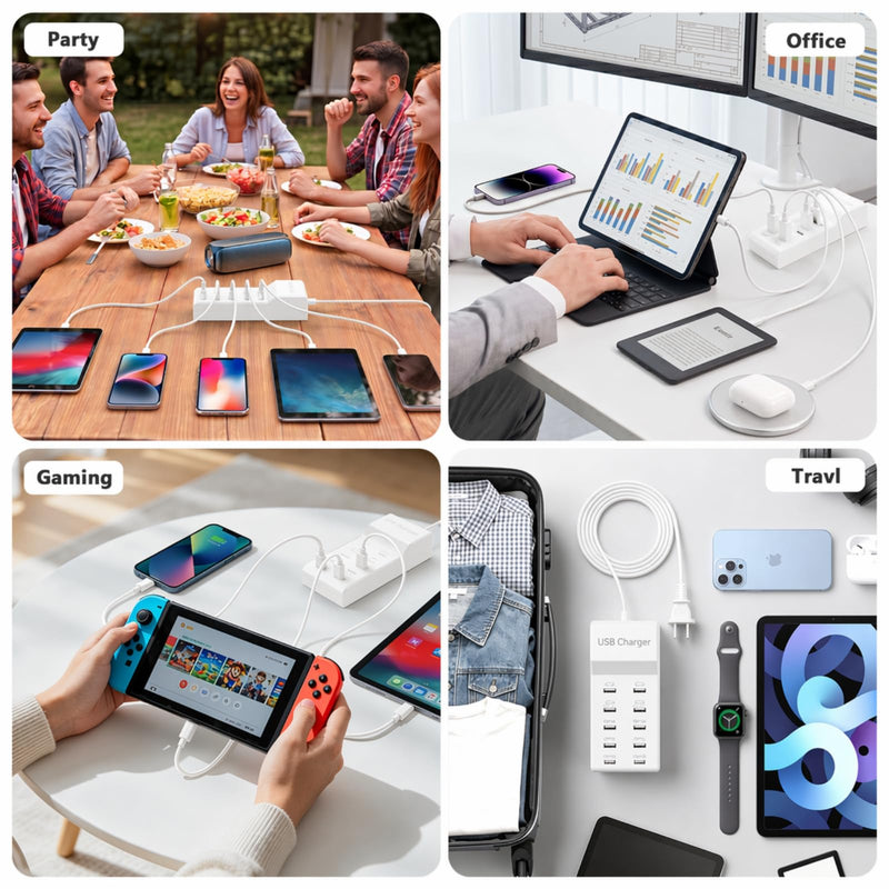 Multiple USB Charging Station for Multiple Devices USB Power Strip | 10 port USB charging block with 4 USB C and 6 USB A charging ports,USB Charging Hub for home office use White