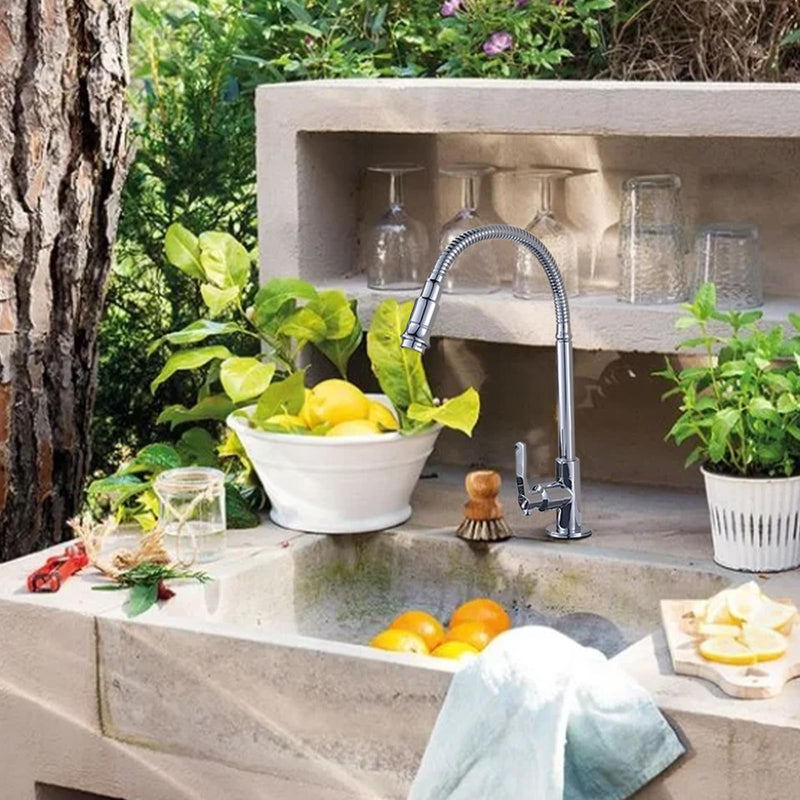 Inchant Outdoor Kitchen Sink Faucet - 360° Rotatable Single Hole Single Handle Cold Water Kitchen Faucet Flexible Neck Laundry Room Tap Bar Garden Outdoor Faucet, Deck Mount Chrome Finish