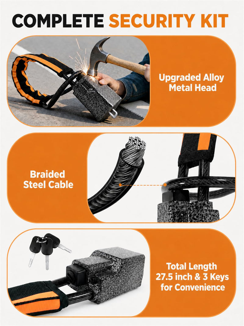 Steering Wheel Lock, Seat Belt Anti-Theft Device, 3 Keys | 27.5 in Braided Steel Cable With an Alloy Metal Lock Head, Reflective Nylon Sleeve & Storage Bag, Fits Most Car SUV Golf Cart black orange