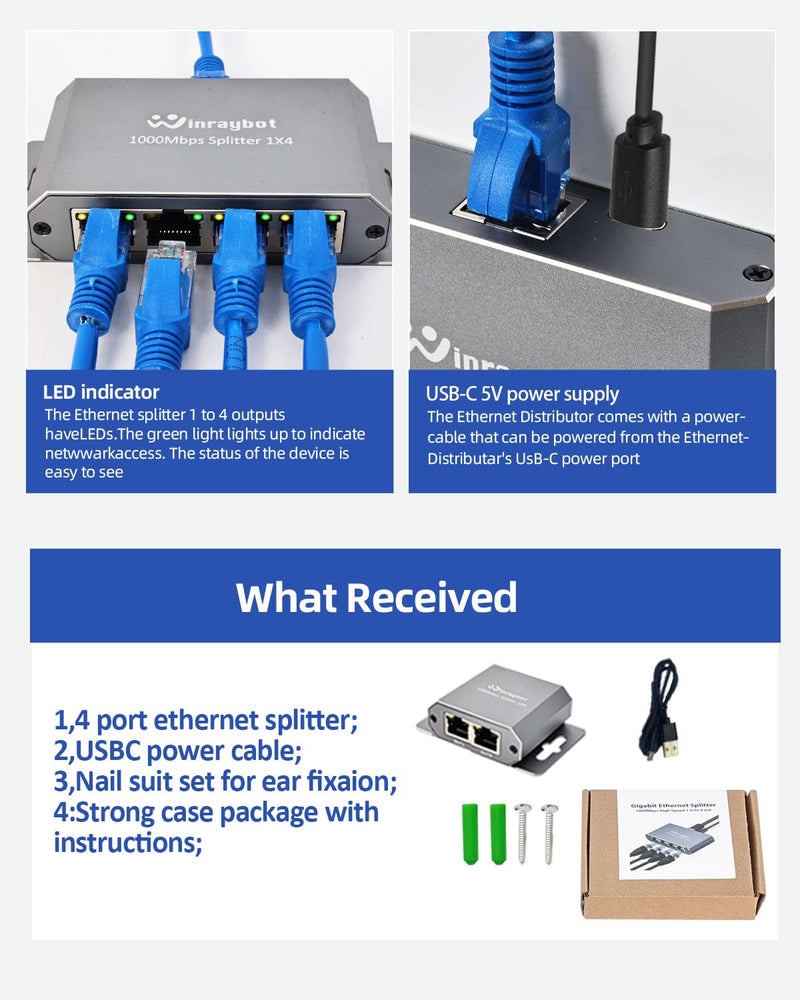 ethernet Splitter 1 to 2 ethernet hub 2 Port,RJ45 Cable Splitter fixable RJ45 Internet Switch Internet Splitter, 1000Mbps for Cat 5/5e/6/7/8 Cable,Can be Fixed to The Wall
