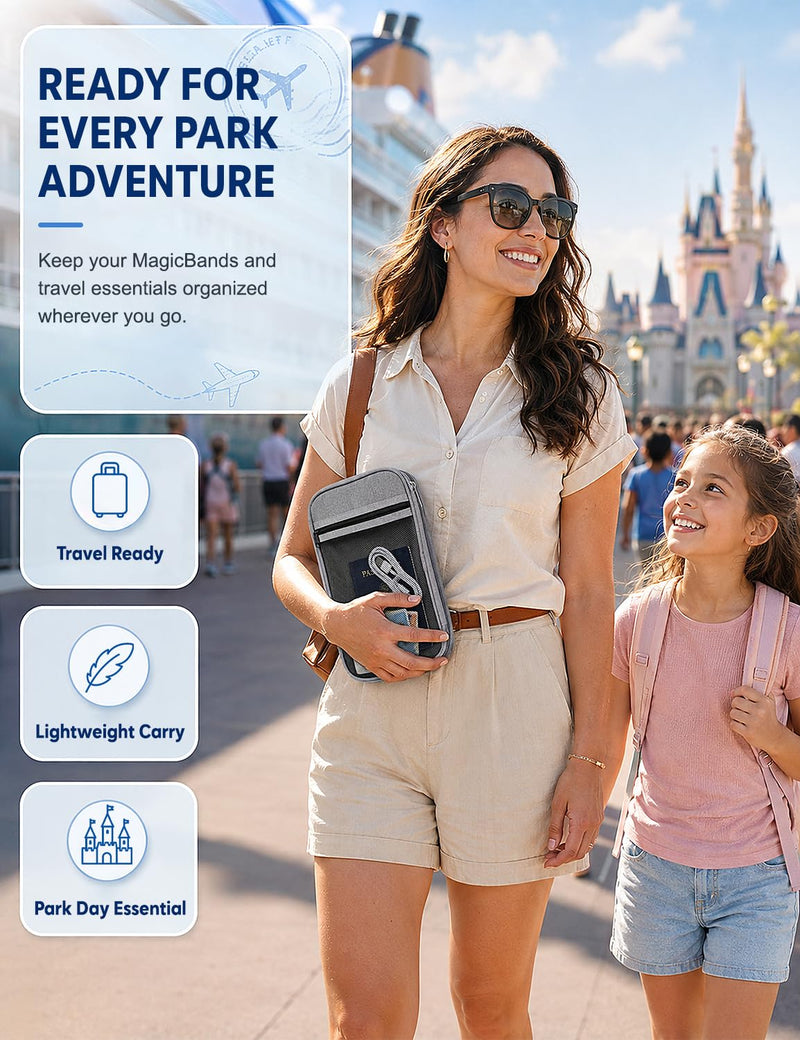 MagicBand 1 2 Plus Travel Case 5 Slot Reinforced Magic Band Organizer Gray | Exterior Zippered Mesh Pocket Charger Storage Small Accessories Cable Management Portable Carrying Easy Access Vacation Gear